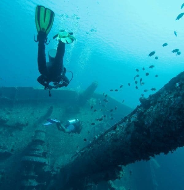 Divers exploring underwater shipwreck with fish.