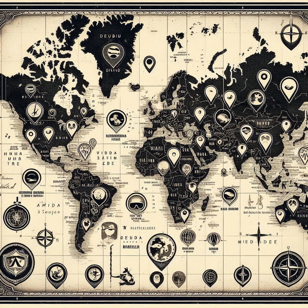 Vintage world map with decorative location markers