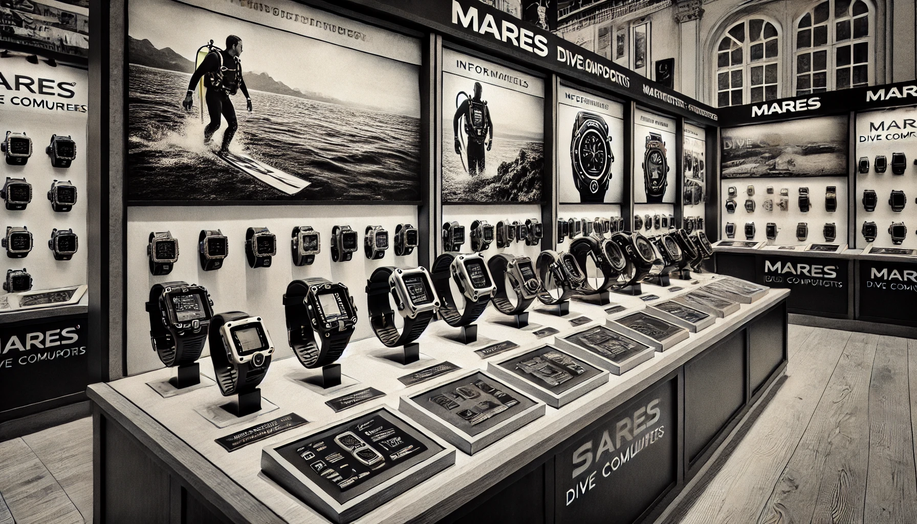 Mares dive computers showcased in store with promotional images