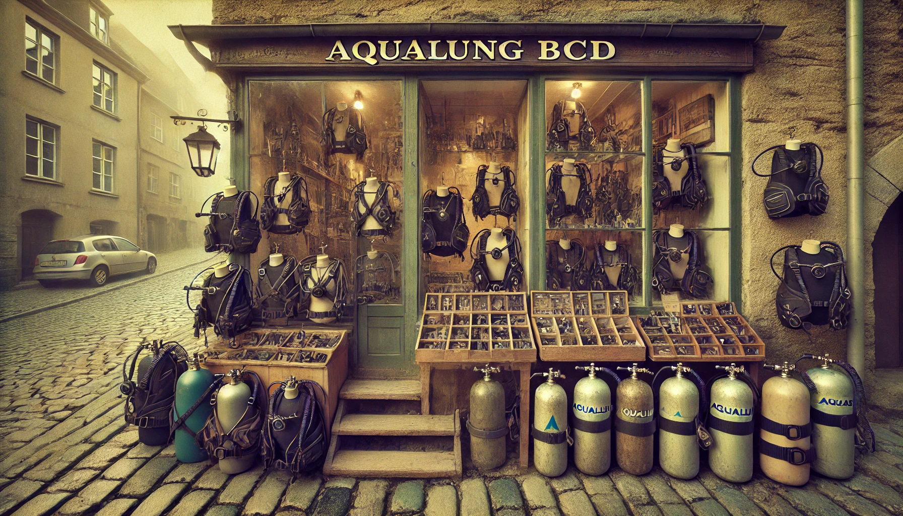 Vintage diving gear shop in cobblestone street