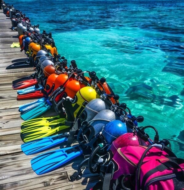 Colorful scuba gear lined up on tropical dock.