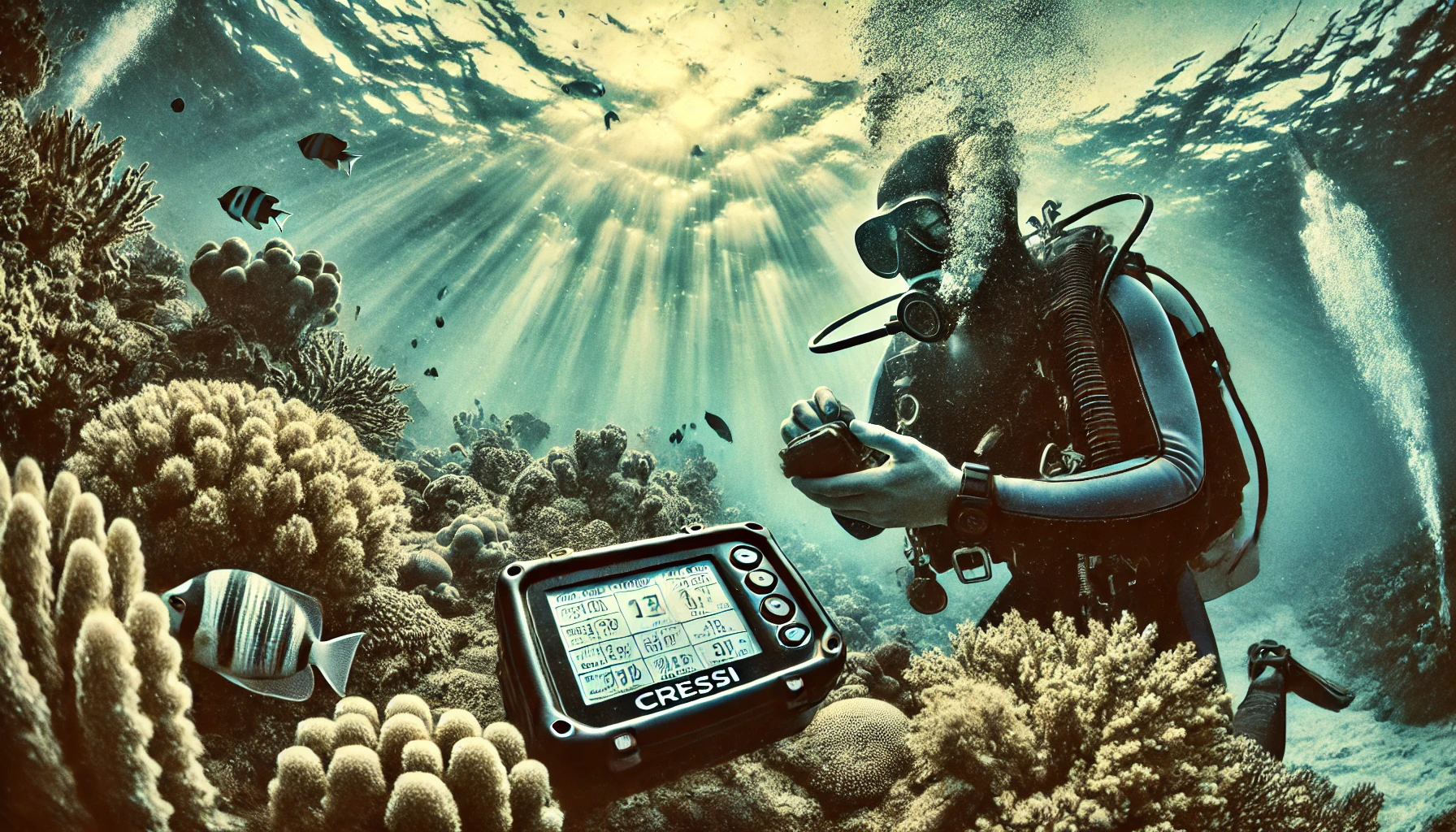 Diver exploring coral reef with digital device underwater