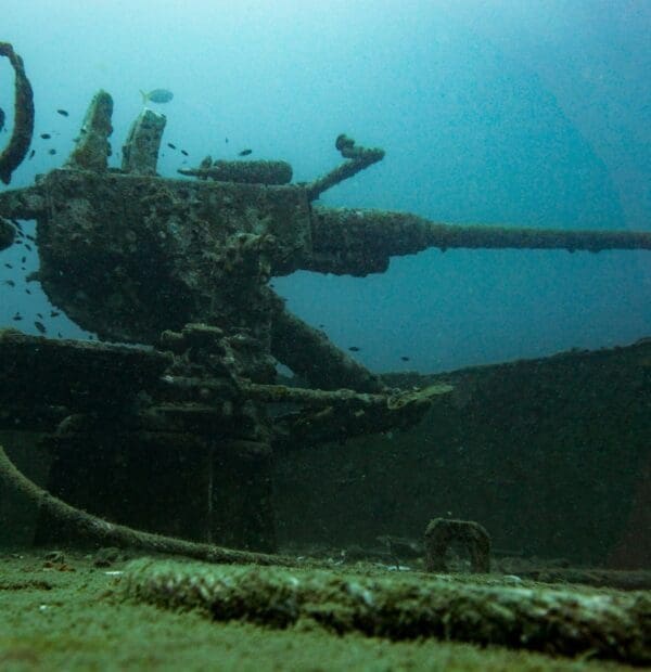 Underwater image of sunken ship's gun turret.