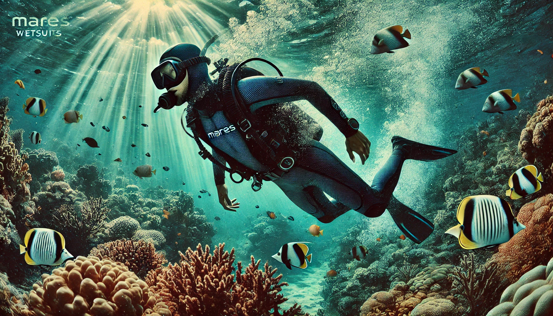 Diver exploring coral reef with tropical fish