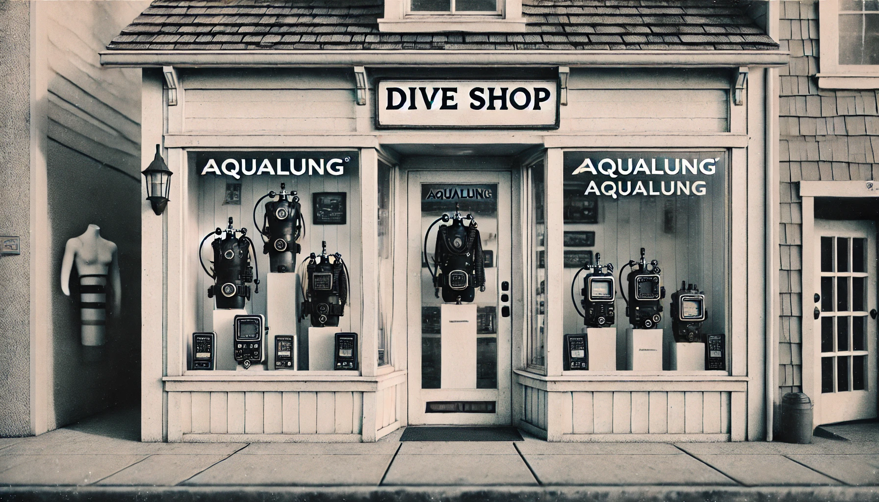 Vintage-style dive shop storefront with scuba gear display