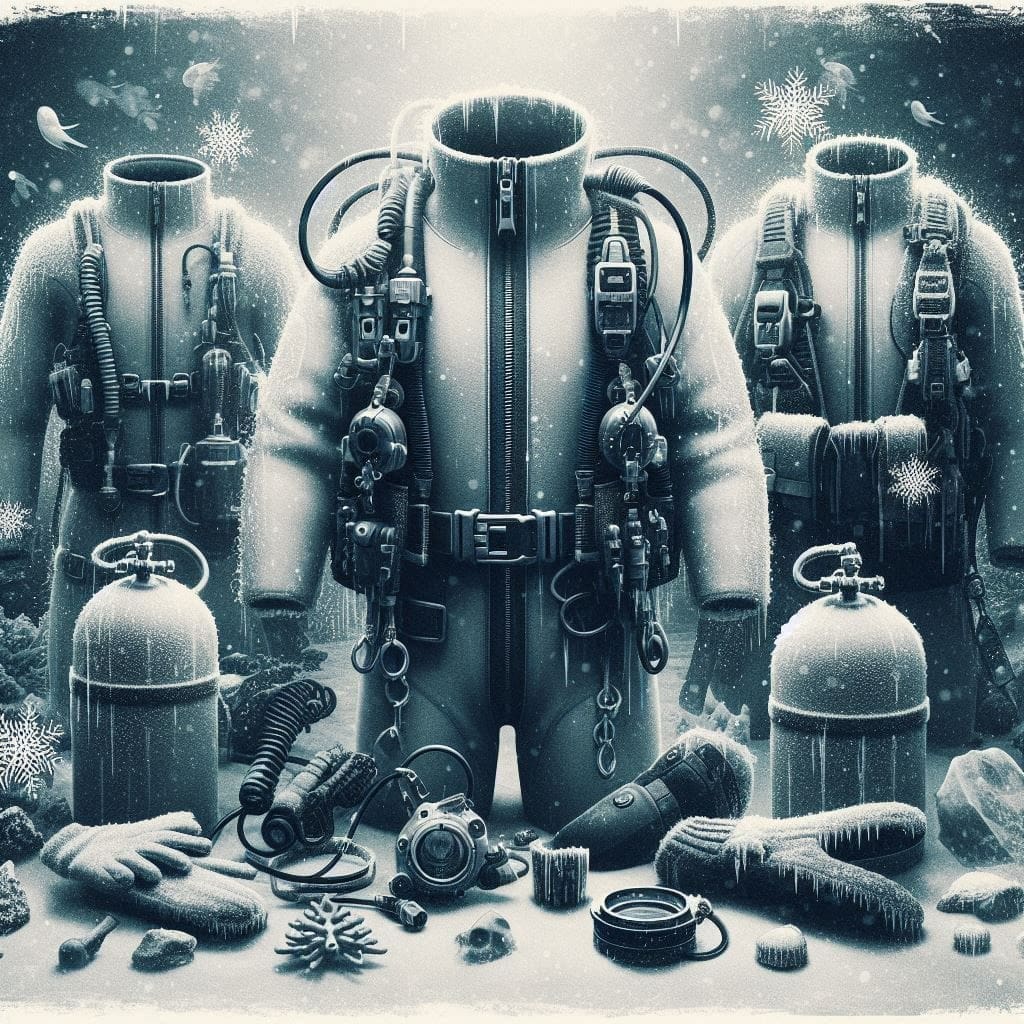 Underwater diving gear in snowy underwater setting