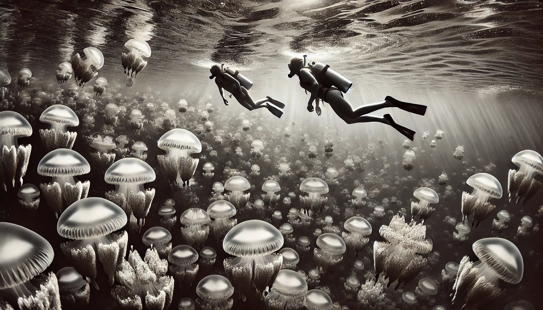 Divers swimming above underwater jellyfish colony