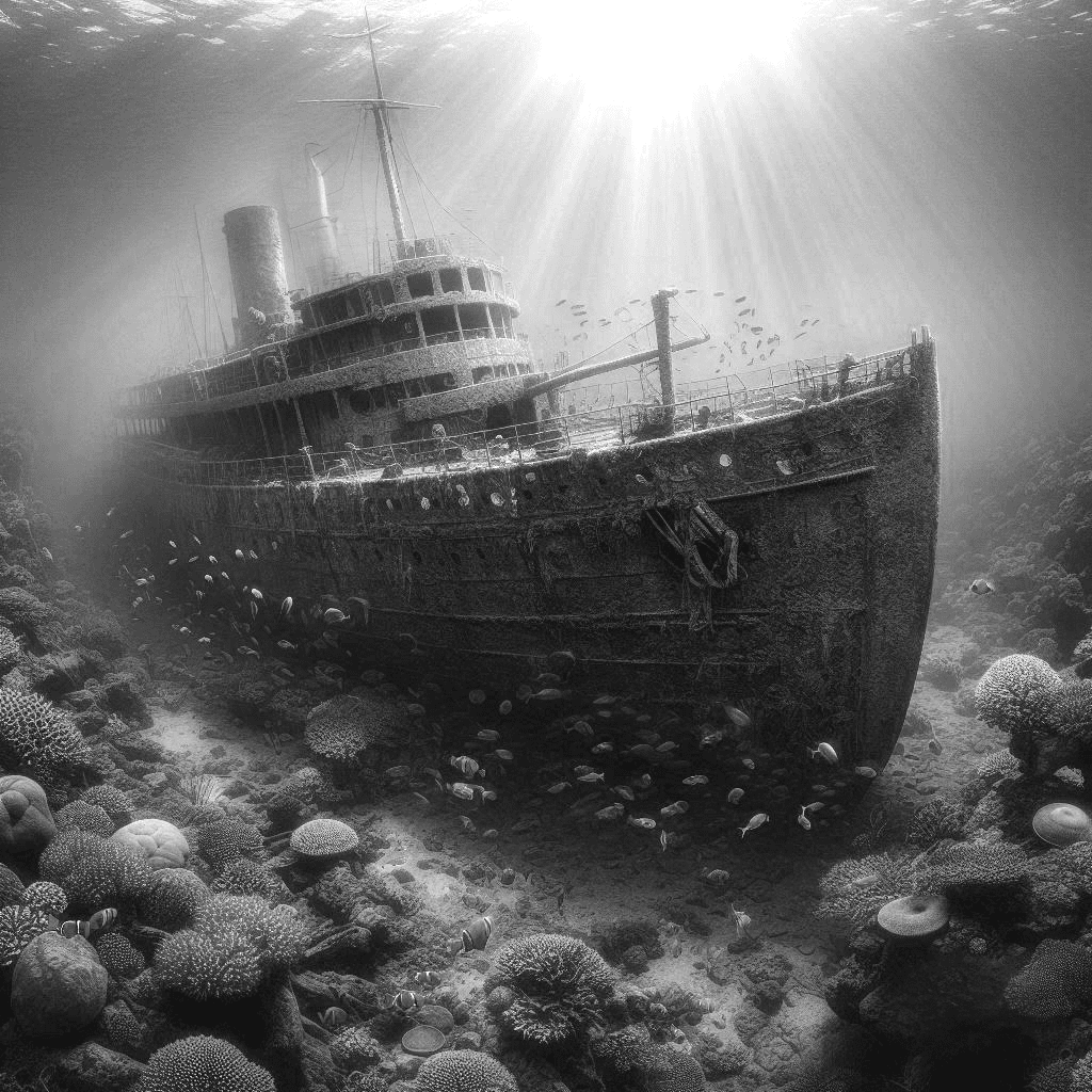 Sunlit underwater shipwreck surrounded by coral and fish