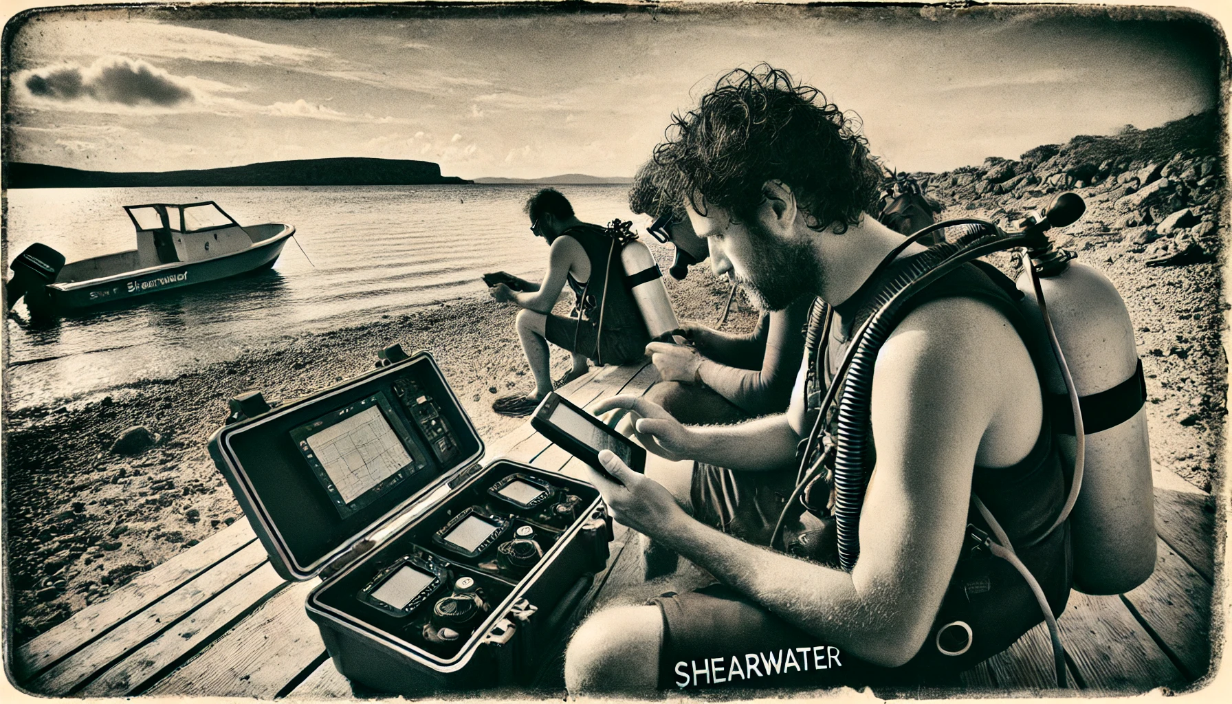 Divers preparing equipment on beach with boat nearby