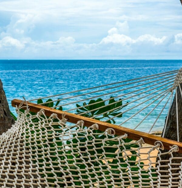 Hammock between palm trees overlooking tropical beach