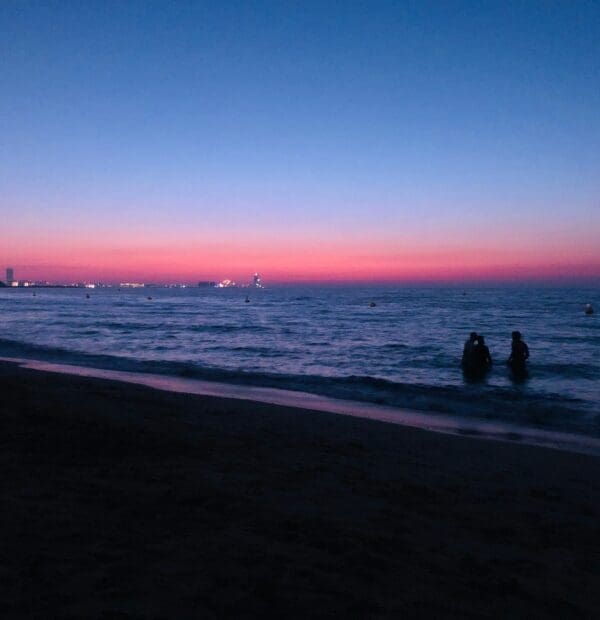 Twilight beach scene with people and distant ships.