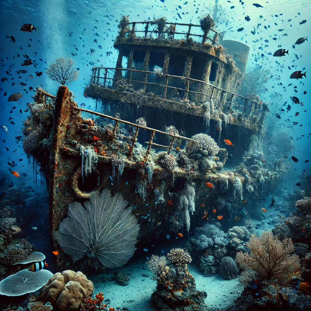 Underwater shipwreck surrounded by colorful coral and fish