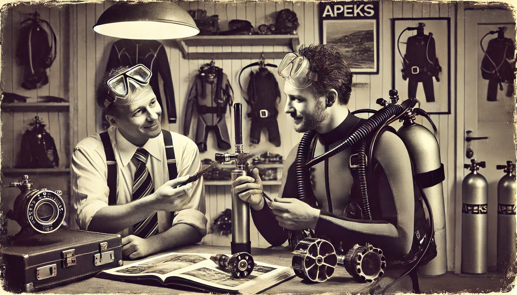 Vintage scuba diving gear discussion in sepia tone