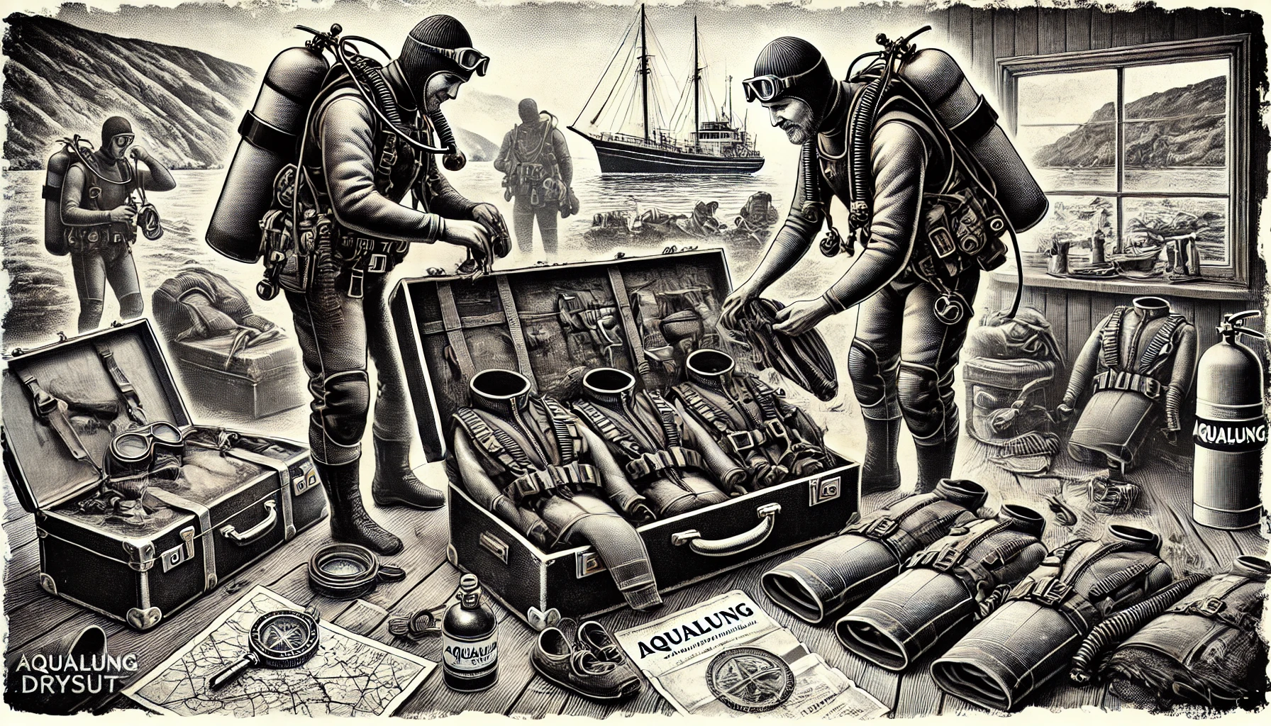 Vintage illustration of divers preparing gear near sailboat