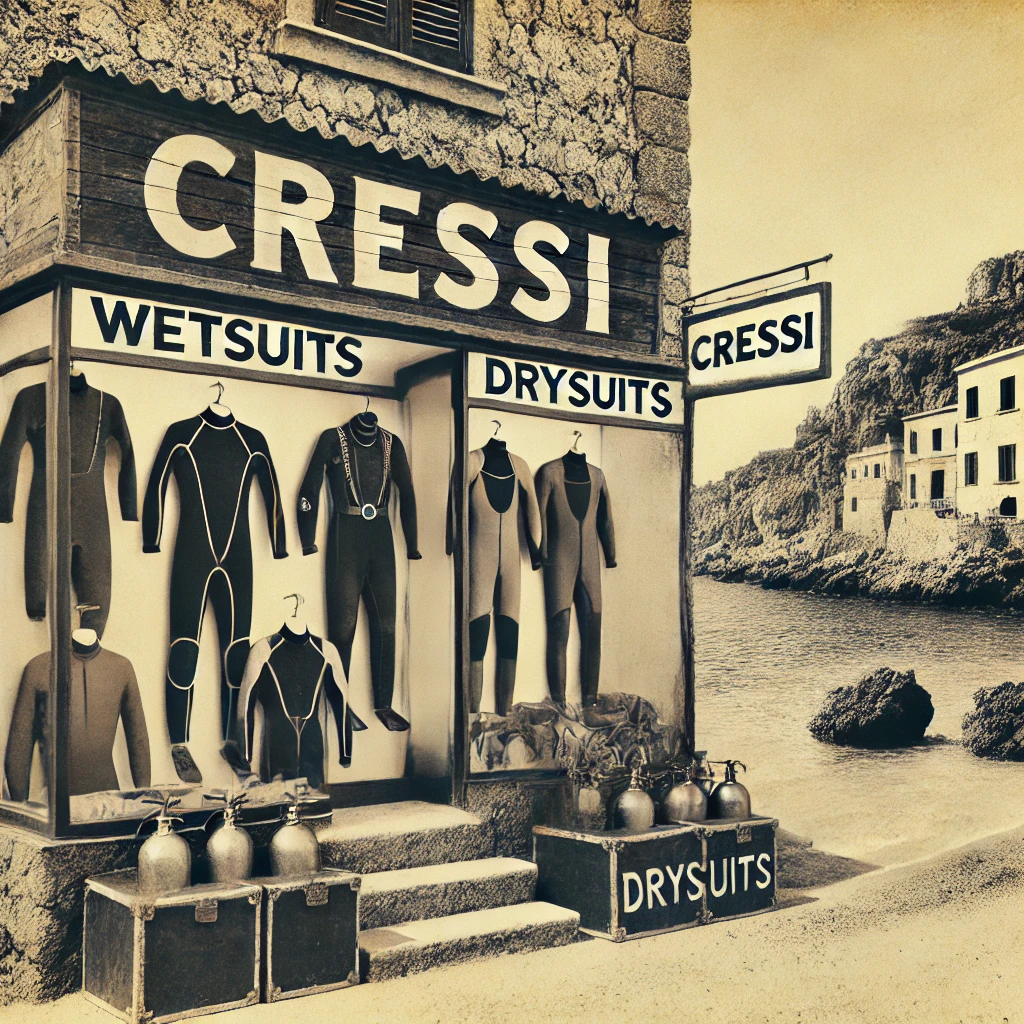 Vintage Cressi wetsuits and drysuits store by the sea