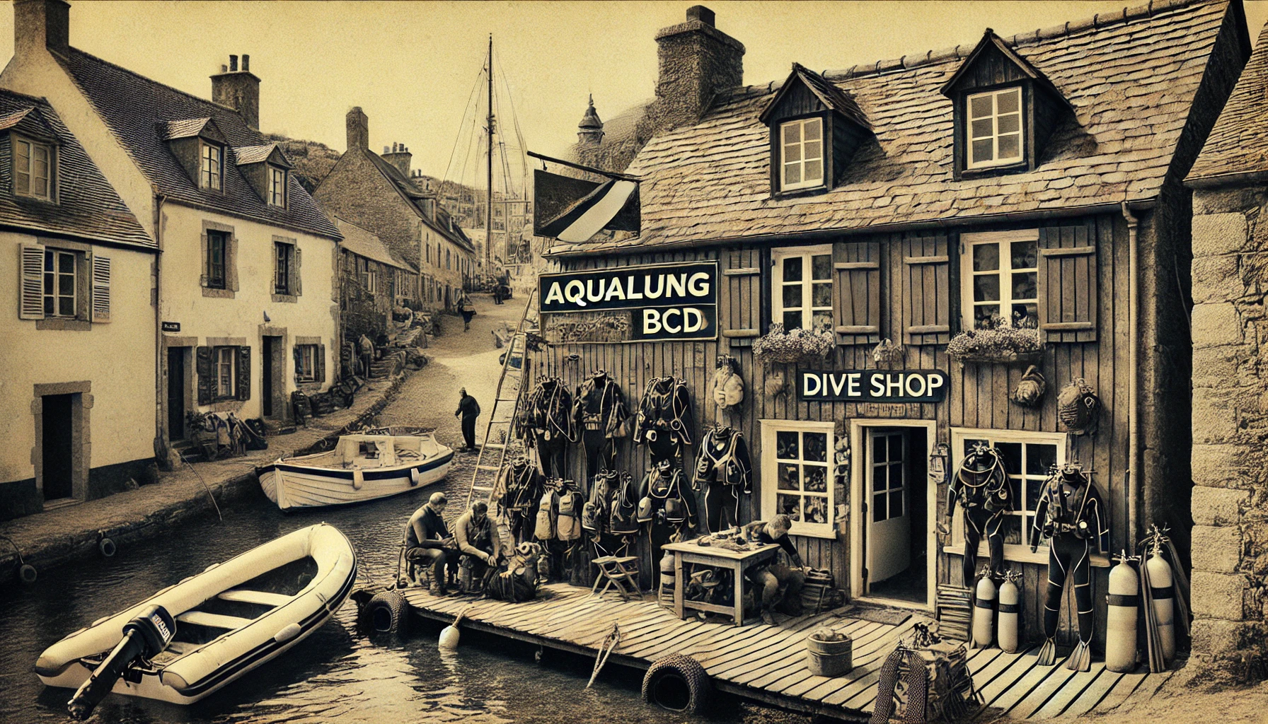 Historic dive shop with gear on waterfront street