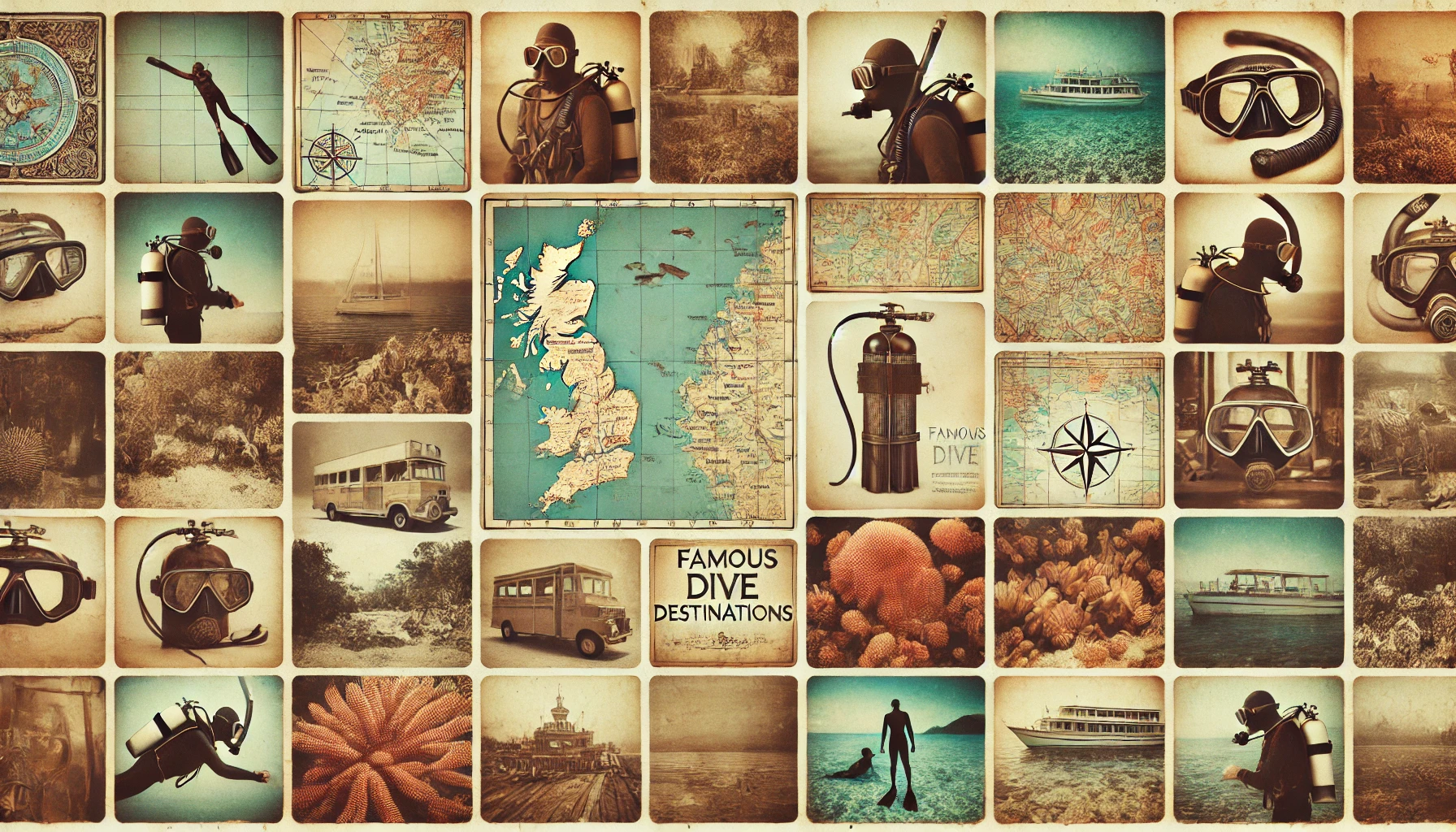 Collage of vintage diving and map-themed images