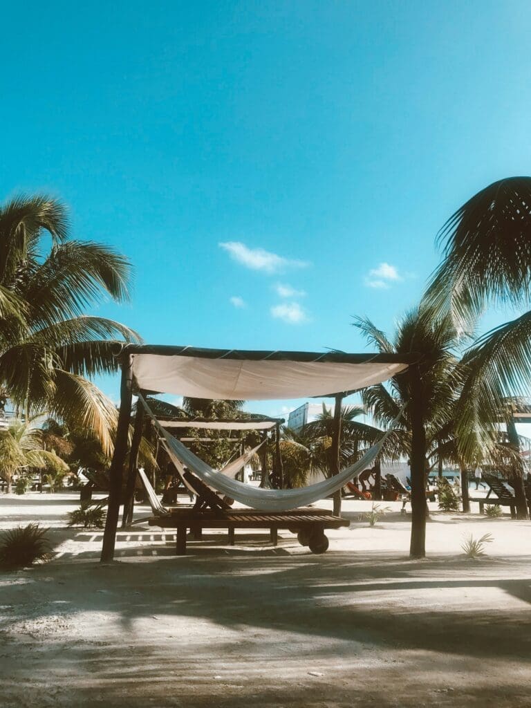 Hammock under shade between palms, tropical beach setting