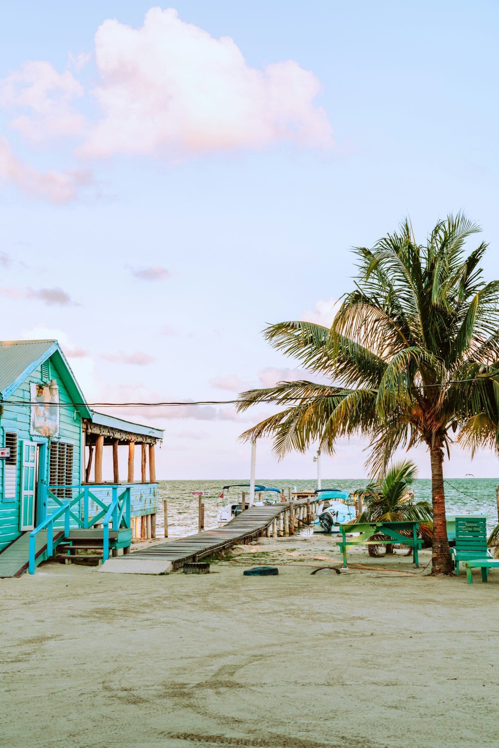 Tropical beach dock with turquoise boathouse and palm trees