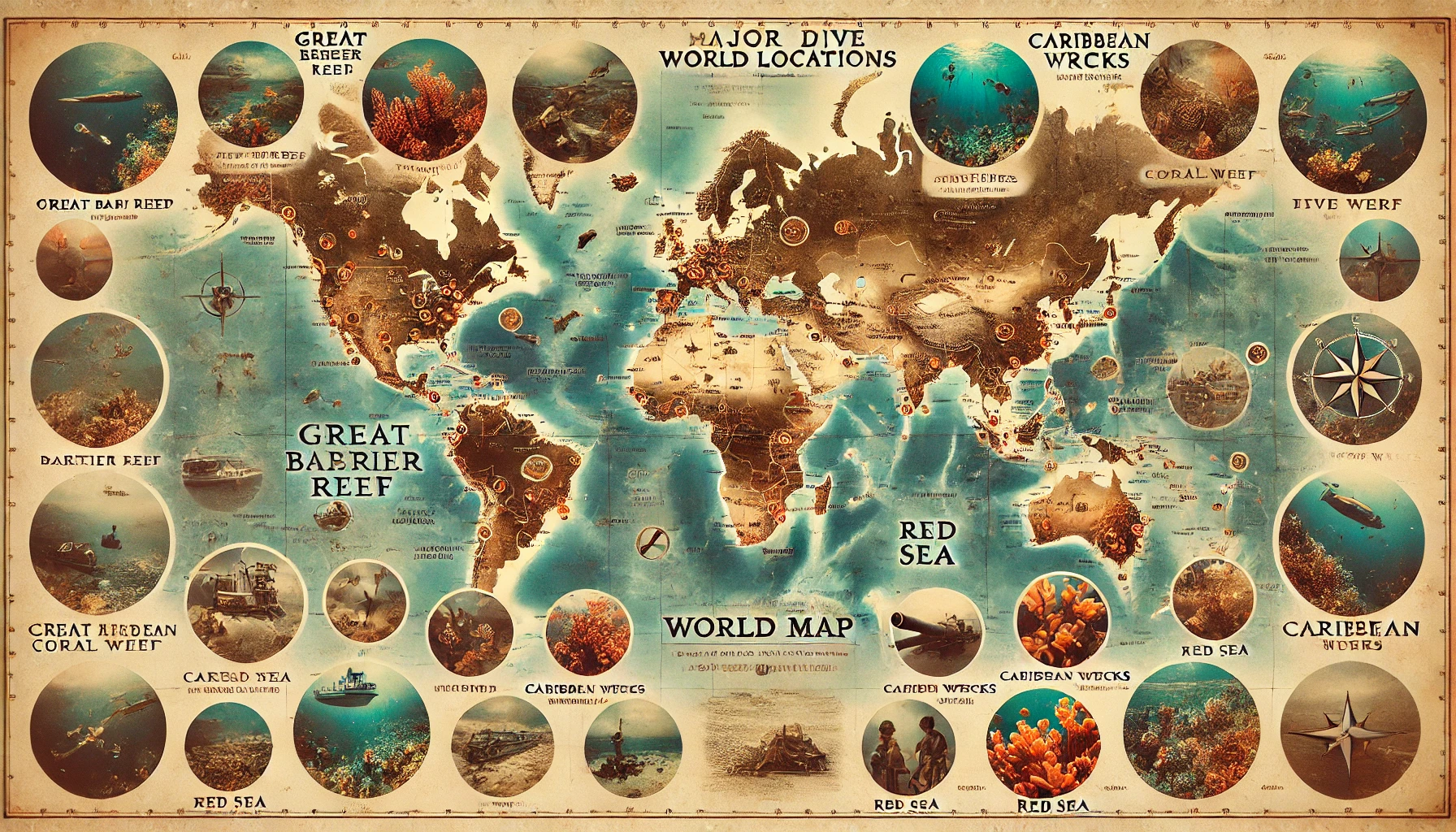 Vintage map showing major global diving locations