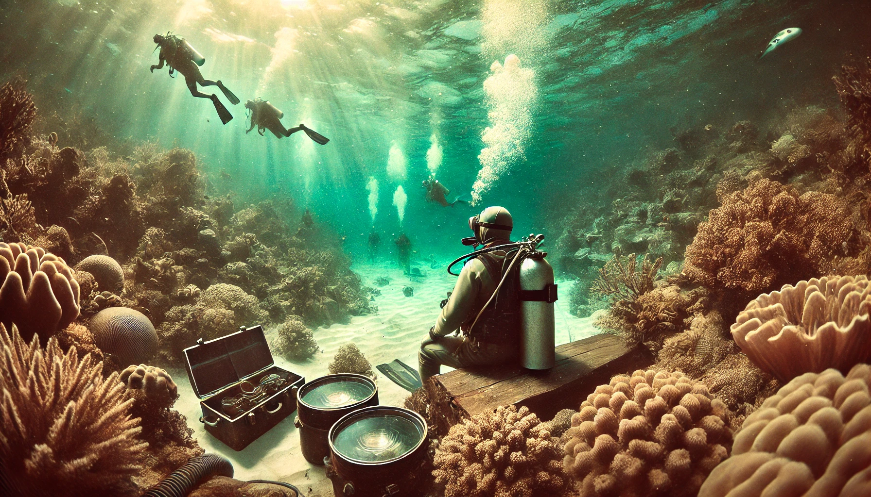 Divers exploring vibrant underwater coral reef scenery