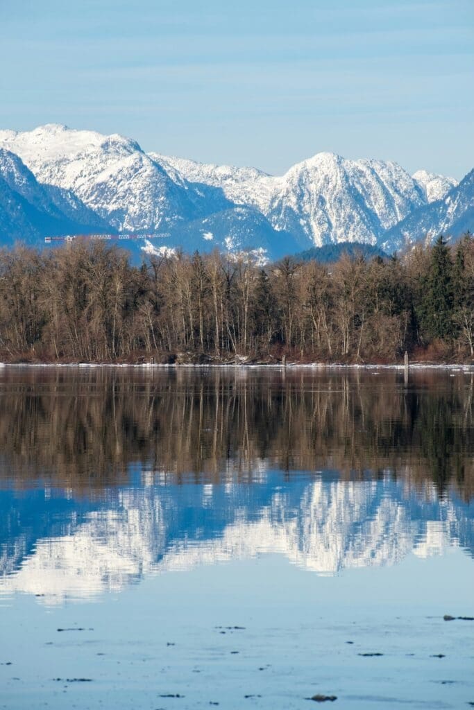 Snowy mountains reflected in tranquil lake